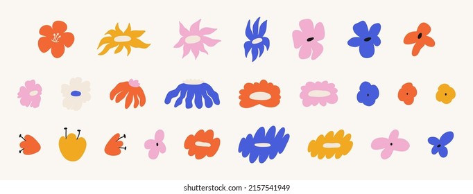 Vector flower clipart set in bright colors and minimalistic style. Hand drawn colorful floral elements. Floral ornament decoration.