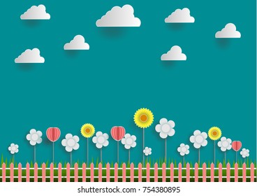 Vector flower and cloud blue backdrop.paper art style