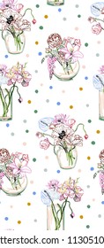 vector flower colorful background vase glass bouquet seamless pattern