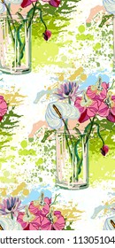 vector flower colorful background vase glass bouquet seamless pattern