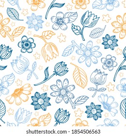 Vector flower colorfull line seamless pattern. Floral vector seamless pattern, vector background. Decorative seamless vector illustration, good for printing. Great for label, print, packaging, fabric.