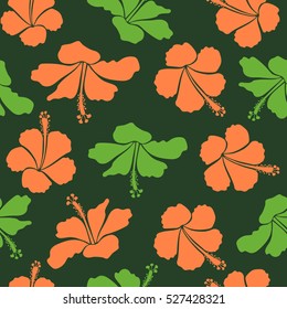 Vector flower concept. Natural orange and green hibiscus seamless pattern. Seamless floral pattern can be used for wallpaper, website background, wrapping paper. Summer design.