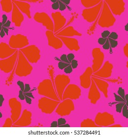 Vector flower concept. Seamless floral pattern can be used for wallpaper, website background, wrapping paper. Summer design. Natural orange, magenta and brown hibiscus seamless pattern.