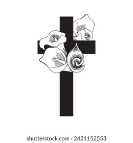 Vector Flower Cross, Floral Easter cross. Faith Cross, Religious Vector illustration. Funeral black illustration with calae lillies flowers. For sympathy cards, design sketch