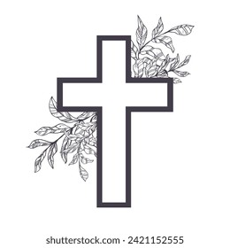 Vector Flower Cross, Floral Easter cross. Faith Cross, Religious Vector illustration. Funeral black illustration with arrangment of leaves. For sympathy cards, design sketch