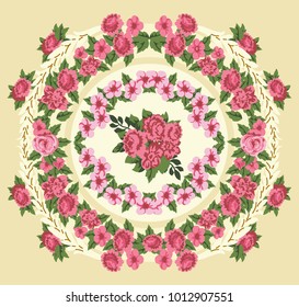 Vector flower crown. Wreath of flowers, leafs and plants. Flat design. Place for text.  Template for greeting, wedding cards and fashion banners, posters