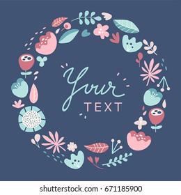 Vector flower crown. Wreath of flowers, leafs and plants. Flat design. Place for text. Dark background isolated. Template for greeting, wedding cards and fashion banners, posters