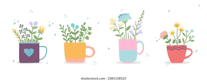 Vector flower in cup. Decoration of beautiful multi-colored blooming flowers and leaf fringe. Spring botanical flat vector illustration on white background