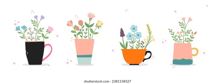 Vector flower in cup. Decoration of beautiful multi-colored blooming flowers and leaf fringe. Spring botanical flat vector illustration on white background