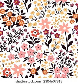 Vector flower design with cute wildflowers. Romantic abstract floral pattern on a white background. Illustrations of spring nature with pink, yellow, orange, burgundy and purple flowers.