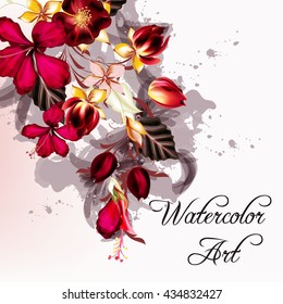 Vector flower design with hibiscus flowers and floris in watercolor style