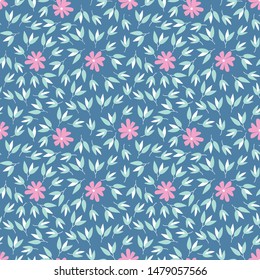 Vector flower and ditsy leaves. Pink daisies, blue background. Good for wedding invites, scrapbook paper, phone case. Seamless pattern.