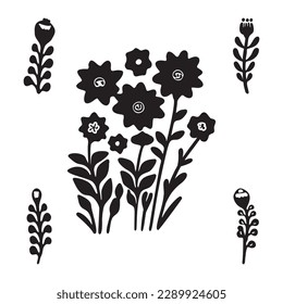 Vector flower doodle vector icon collection. Set of floral motif in scandi style. 