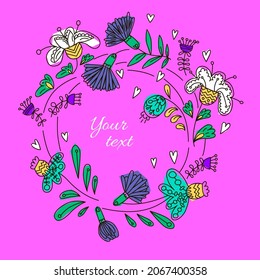 Vector flower doodle illustration. Wildflowers wreath for tag, postcard, card, invitation