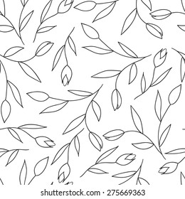 Vector flower doodle seamless pattern. Black and white outline cute background