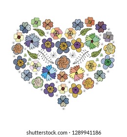 Vector. Flower doodle. Shape of a heart. Set of assorted simple figures