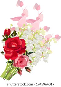 Vector flower drawing illustration - lily of the valley, pink, red and white roses, eucalyptus branch. Wedding design: invitations, cards, background design - Vector 