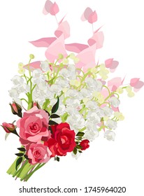 Vector Blütenzeichnung - Lilie des Tales, rosa, rot und weiß Rosen, Eukalyptuszweig. Hochzeitsgestaltung: Einladungen, Karten, Hintergrund-Design - Vector 
