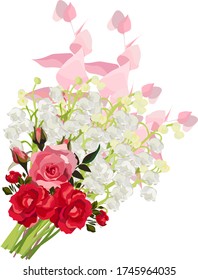 Vector flower drawing illustration - lily of the valley, pink, red and white roses, eucalyptus branch. Wedding design: invitations, cards, background design - Vector 