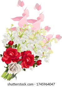 Vector flower drawing illustration - lily of the valley, pink, red and white roses, eucalyptus branch. Wedding design: invitations, cards, background design - Vector 