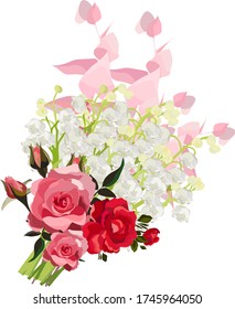 Vector Blütenzeichnung - Lilie des Tales, rosa, rot und weiß Rosen, Eukalyptuszweig. Hochzeitsgestaltung: Einladungen, Karten, Hintergrund-Design - Vector 