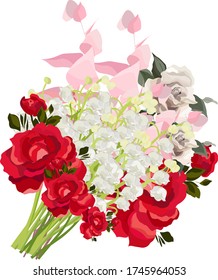 Vector flower drawing illustration - lily of the valley, pink, red and white roses, eucalyptus branch. Wedding design: invitations, cards, background design - Vector 