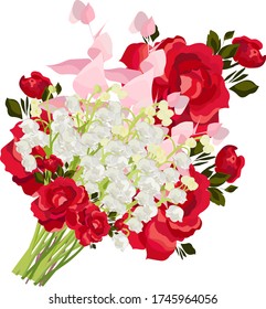 Vector flower drawing illustration - lily of the valley, pink, red and white roses, eucalyptus branch. Wedding design: invitations, cards, background design - Vector 