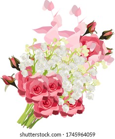 Vector flower drawing illustration - lily of the valley, pink, red and white roses, eucalyptus branch. Wedding design: invitations, cards, background design - Vector 