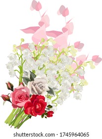Vector flower drawing illustration - lily of the valley, pink, red and white roses, eucalyptus branch. Wedding design: invitations, cards, background design - Vector 