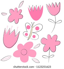 Vector flower elements, hand drawn, line art
