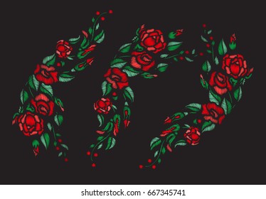 Vector  flower embroidery on dark background. Red Rose blossoms with leaves pattern. Textile, fabric design element object.