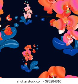 Vector flower exotic orchid. Seamless background.