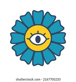 Vector flower with eye. Retro flower with blue petals. Flower with eye in center. Psychedelic. Outline.