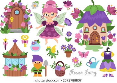 Vector flower fairy clipart set. Cute icons of little girl with wings. Woodland garden princess collection. Fantasy, fairytale forest illustrations. Magic creature pack with butterfly, dwarf, house
