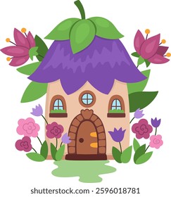 Vector flower fairy house icon isolated on white background. Woodland princess home clipart. Fantasy forest cottage illustration. Magic fairytale dwelling with roof shaped as tulip, roses, peonies
