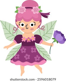 Vector flower fairy icon isolated on white background. Cute little girl with wings. Woodland princess clipart. Fantasy forest fay illustration. Magic fairytale creature in purple dress holding rose
