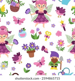 Vector flower fairy seamless pattern. Cute repeat background with girl. Woodland princess digital paper. Fantasy forest, magic garden texture with fairytale creature, dragon, butterfly, dwarf, house
