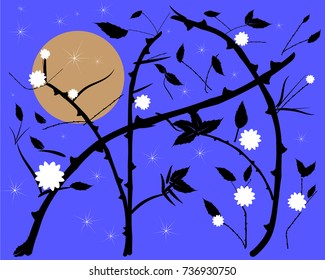 Vector of Flower with falling leaf and full moon background in blue