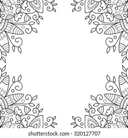 Vector flower floral frame. Black and white pattern.