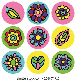 Vector flower floral icon in circle set, badge, sticker, button