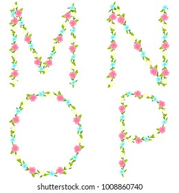 Vector flower font. Capital alphabet. Flower lettering. Blossom characters.
