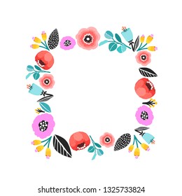 Vector flower frame. Beautiful floral squared frame. Elegant leaves and flowers, hand drawn digital design. Design for invitation, wedding or greeting cards.