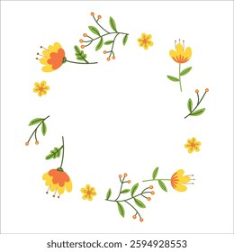 vector flower frame with branches and flowers, hand-drawn text template. A bright and cute card for a wedding, birthday. Congratulations on a spring day