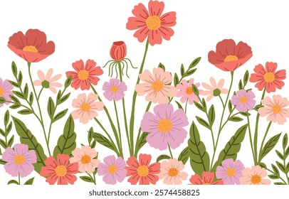 Vector flower frame with bright pink, purple and red flowers and juicy green leaves. Perfect for invitations, greeting cards, or spring-themed decorations.