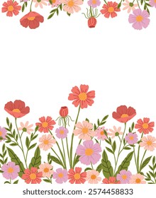 Vector flower frame with bright pink, purple and red flowers and juicy green leaves. Perfect for invitations, greeting cards, or spring-themed decorations.