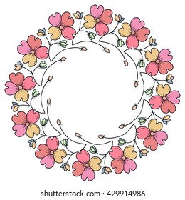 Vector flower frame. Colorful flower wreath. Template with flower illustration. Hand drawn floral background with stylized flowers