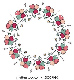 Vector flower frame. Colorful flower wreath. Template with flower illustration. Hand drawn floral background with stylized flowers
