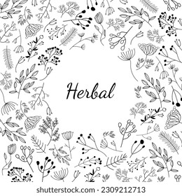 Vector flower frame line art. Floral card with leaves Isolated on white background.