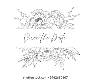 Vector flower frame with peony flowers, hand drawn wedding card design, botanical border, hand drawn line art floral illustration
