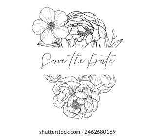 Vector flower frame with peony flowers, hand drawn wedding card design, botanical border, hand drawn line art floral illustration